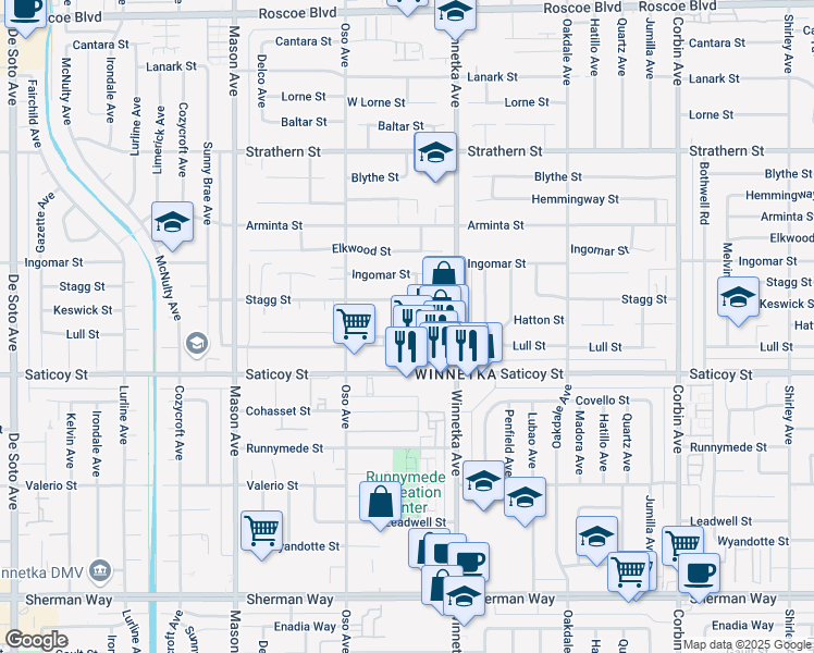 map of restaurants, bars, coffee shops, grocery stores, and more near 20204 Stagg Street in Los Angeles