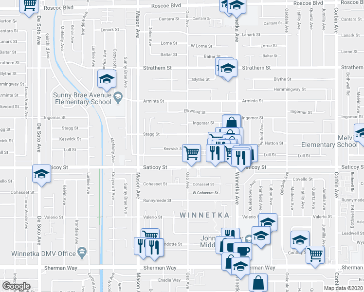 map of restaurants, bars, coffee shops, grocery stores, and more near 7709 Dragon Lane in Los Angeles