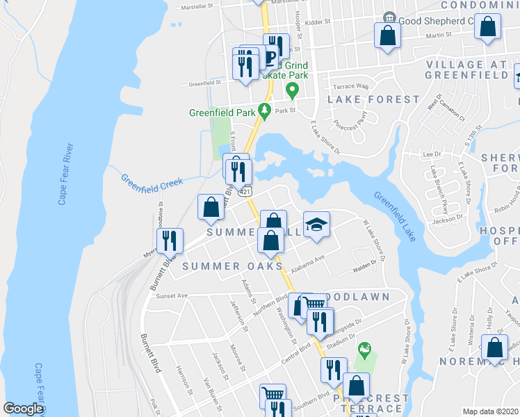 map of restaurants, bars, coffee shops, grocery stores, and more near 1818 East Lake Shore Drive in Wilmington