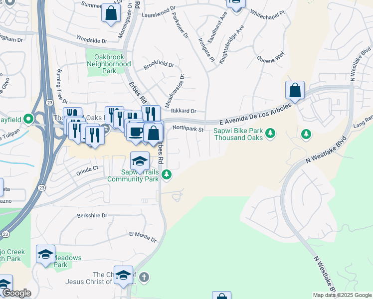 map of restaurants, bars, coffee shops, grocery stores, and more near 2199 Summerpark Court in Thousand Oaks
