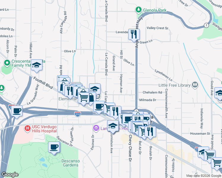 map of restaurants, bars, coffee shops, grocery stores, and more near 1139 Fairview Drive in La Cañada Flintridge