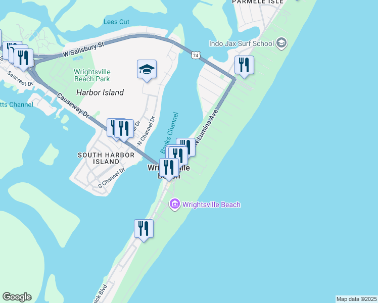 map of restaurants, bars, coffee shops, grocery stores, and more near 105 North Lumina Avenue in Wrightsville Beach