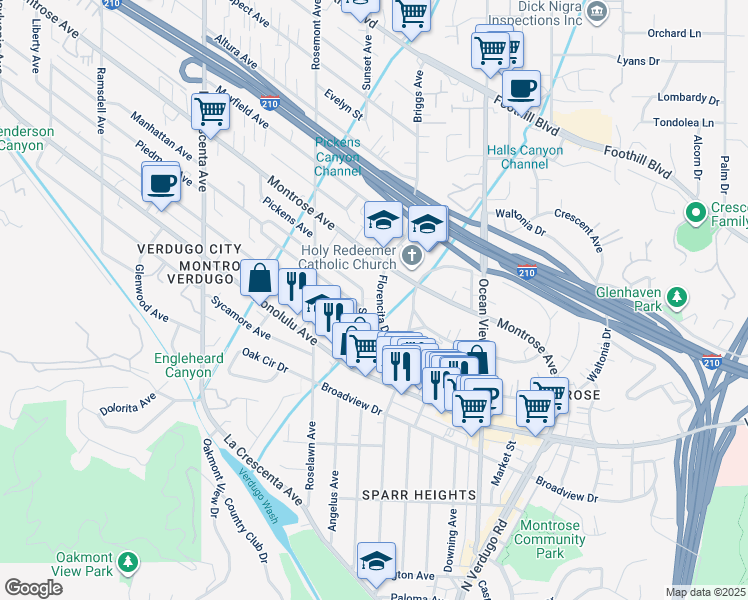 map of restaurants, bars, coffee shops, grocery stores, and more near 2454 Florencita Drive West in La Crescenta-Montrose
