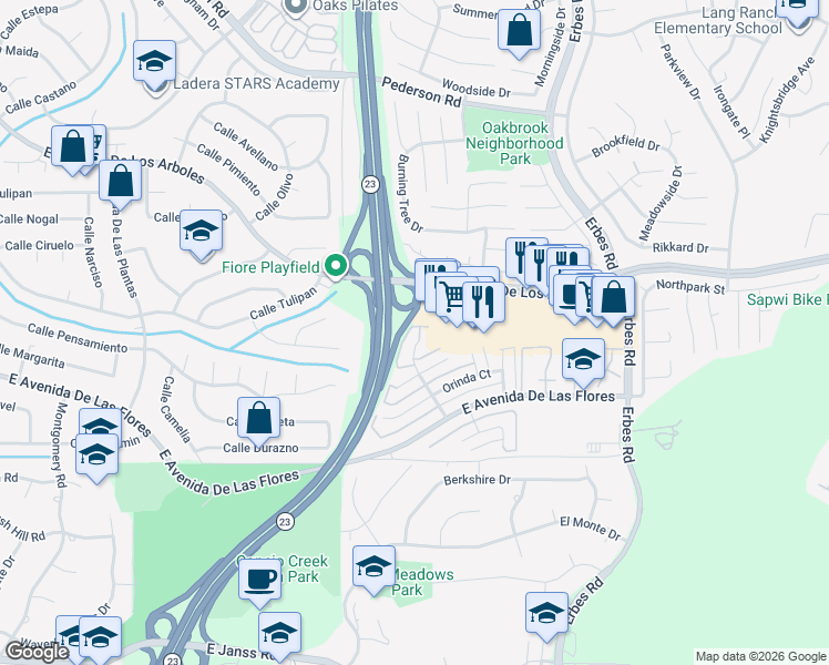 map of restaurants, bars, coffee shops, grocery stores, and more near 2291 Moss Court in Thousand Oaks