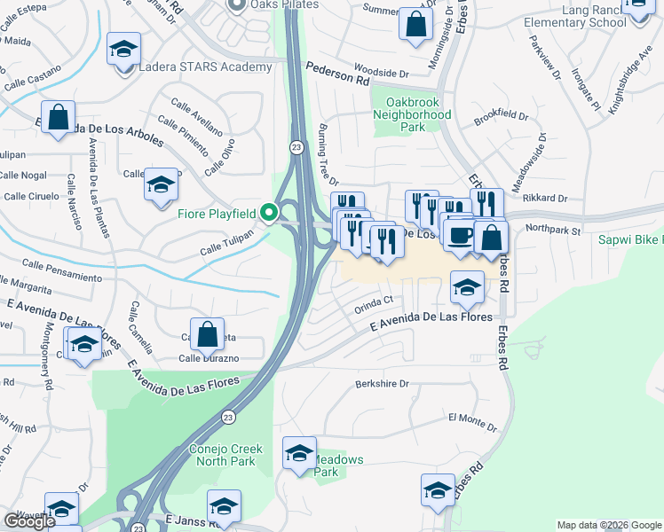 map of restaurants, bars, coffee shops, grocery stores, and more near 2291 Moss Court in Thousand Oaks