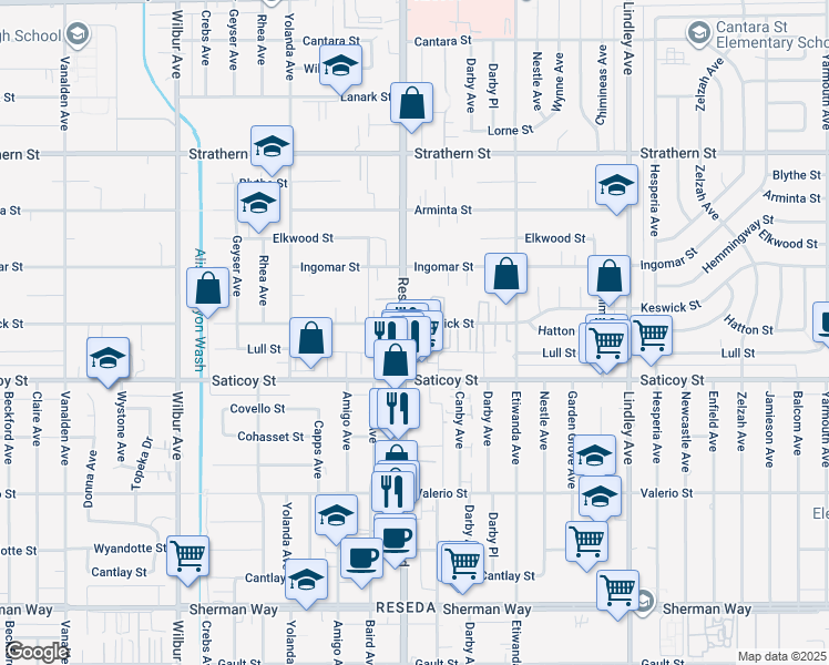 map of restaurants, bars, coffee shops, grocery stores, and more near 7650 Reseda Boulevard in Los Angeles
