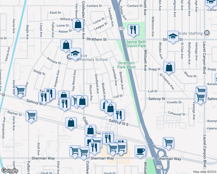map of restaurants, bars, coffee shops, grocery stores, and more near 7661 Bellaire Avenue in Los Angeles