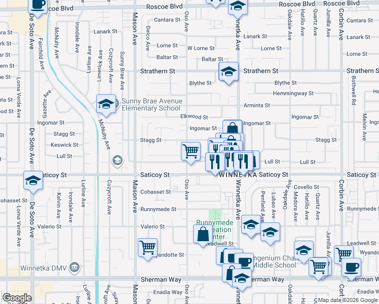 map of restaurants, bars, coffee shops, grocery stores, and more near 20254 Stagg Street in Los Angeles