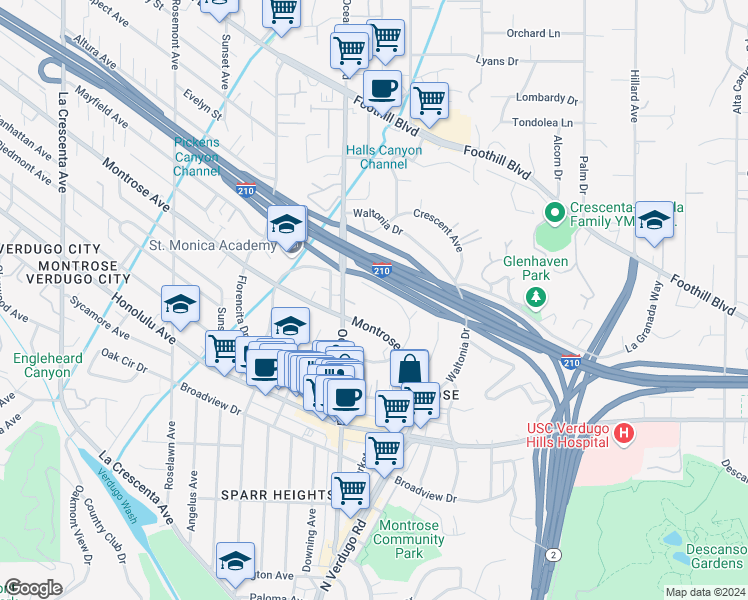 map of restaurants, bars, coffee shops, grocery stores, and more near 2248 Del Mar Road in La Crescenta-Montrose