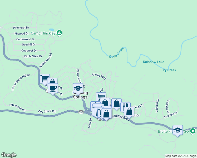 map of restaurants, bars, coffee shops, grocery stores, and more near 2405 Whispering Pines Drive in Running Springs