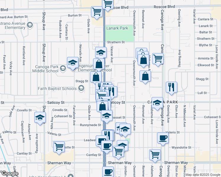 map of restaurants, bars, coffee shops, grocery stores, and more near 7658 Topanga Canyon Boulevard in Los Angeles