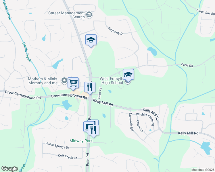 map of restaurants, bars, coffee shops, grocery stores, and more near 4315 Drew Court in Cumming