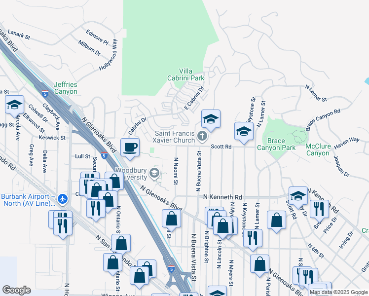 map of restaurants, bars, coffee shops, grocery stores, and more near 3157 North Frederic Street in Burbank