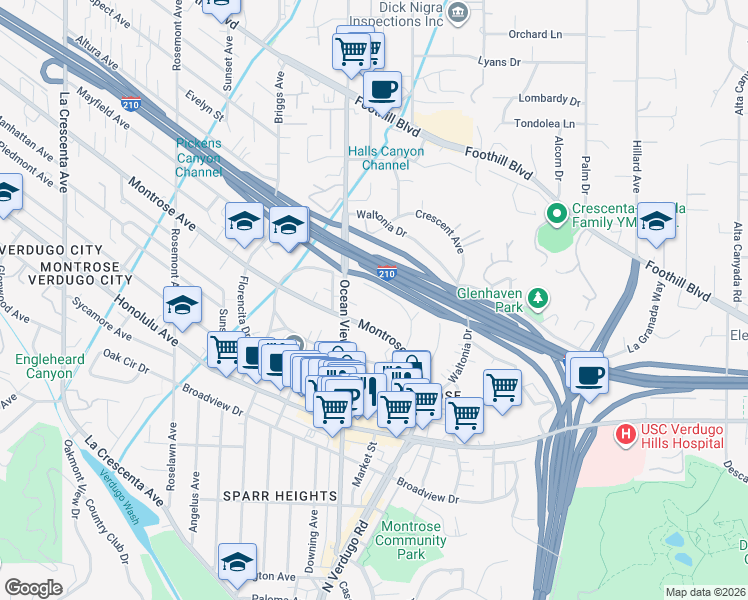 map of restaurants, bars, coffee shops, grocery stores, and more near 2248 Del Mar Road in La Crescenta-Montrose