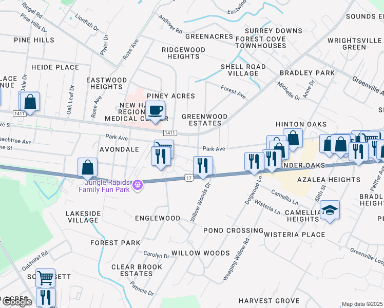 map of restaurants, bars, coffee shops, grocery stores, and more near 5418 Park Avenue in Wilmington