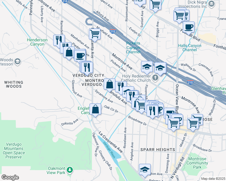 map of restaurants, bars, coffee shops, grocery stores, and more near 2657 Honolulu Avenue in Glendale