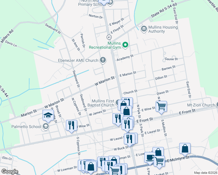 map of restaurants, bars, coffee shops, grocery stores, and more near 434 North Smith Street in Mullins