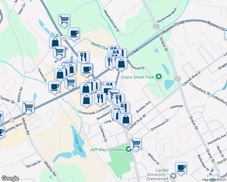 map of restaurants, bars, coffee shops, grocery stores, and more near 100 Birchtree Drive in Greenwood