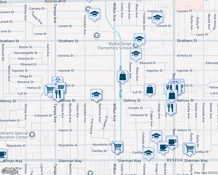map of restaurants, bars, coffee shops, grocery stores, and more near 18901 Keswick Street in Los Angeles