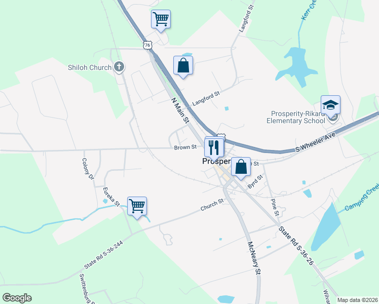map of restaurants, bars, coffee shops, grocery stores, and more near 207 North Main Street in Prosperity