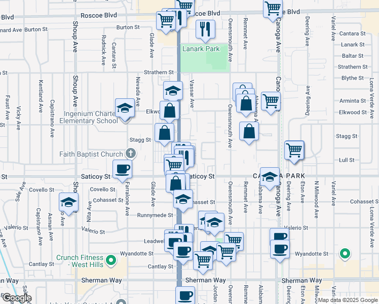 map of restaurants, bars, coffee shops, grocery stores, and more near 7658 Topanga Canyon Boulevard in Los Angeles
