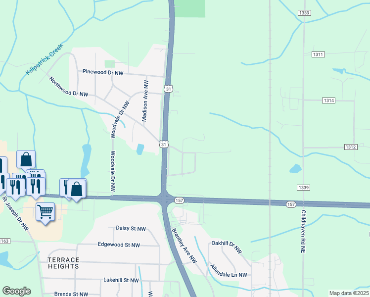 map of restaurants, bars, coffee shops, grocery stores, and more near 1517 Grape Street Northwest in Cullman
