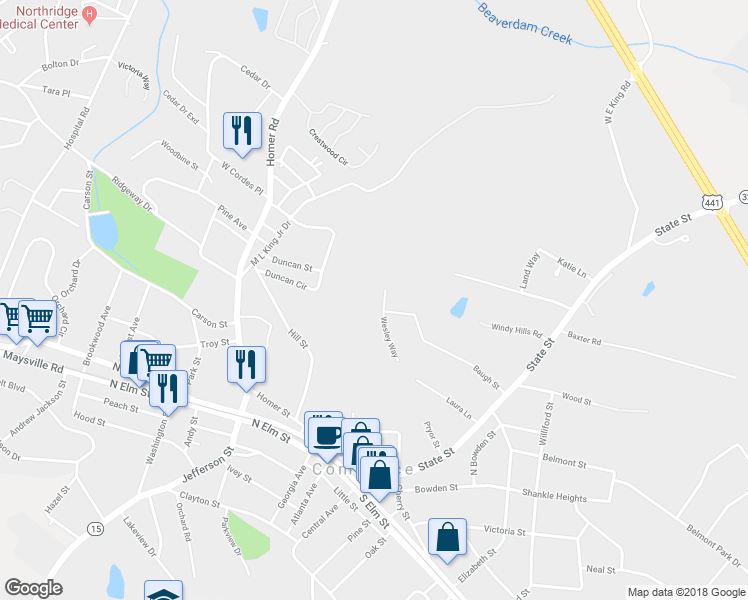 map of restaurants, bars, coffee shops, grocery stores, and more near 25 Brandi Street in Commerce