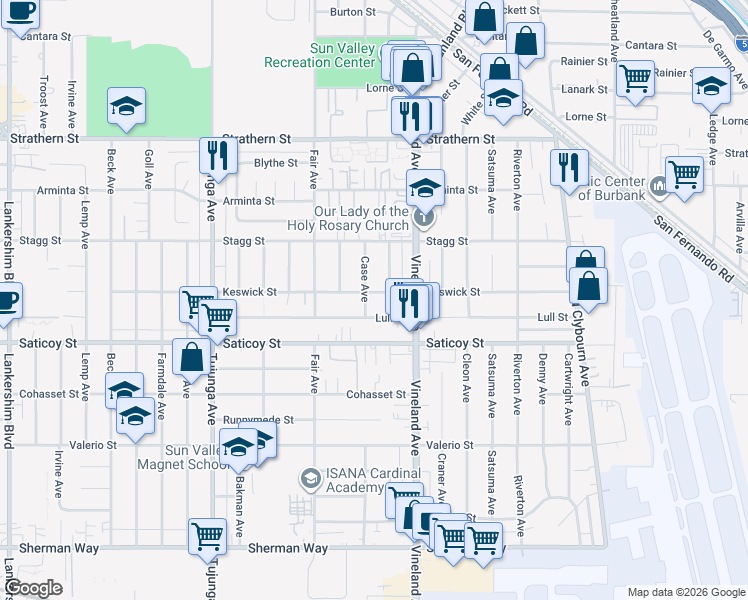 map of restaurants, bars, coffee shops, grocery stores, and more near 11050 Keswick Street in Los Angeles