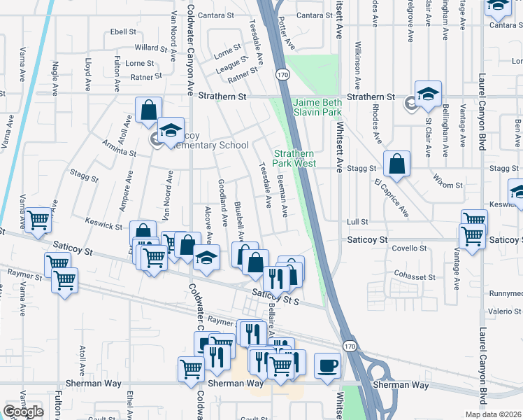 map of restaurants, bars, coffee shops, grocery stores, and more near 7656 Bellaire Avenue in Los Angeles