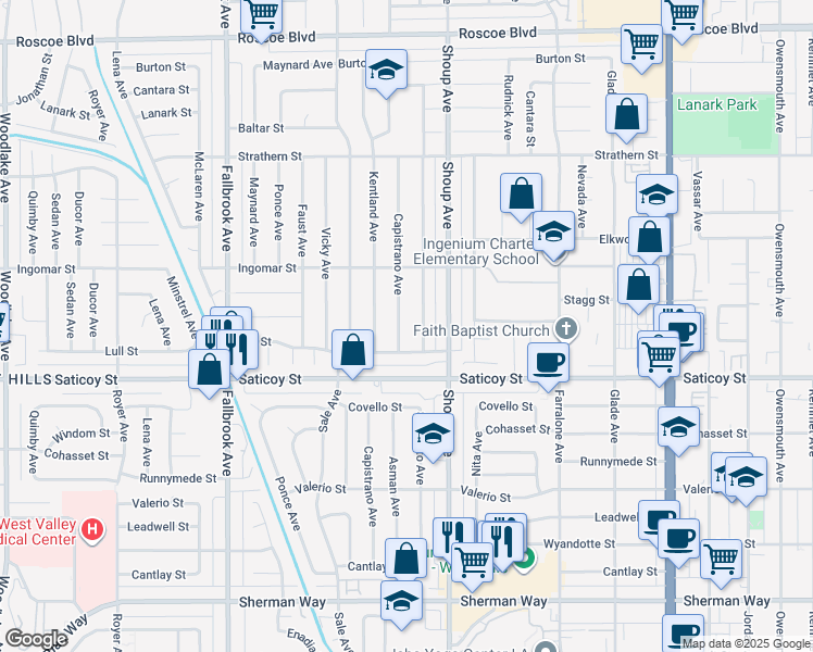 map of restaurants, bars, coffee shops, grocery stores, and more near 7711 Capistrano Avenue in Los Angeles