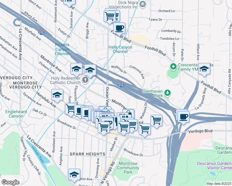 map of restaurants, bars, coffee shops, grocery stores, and more near 2258 Del Mar Road in La Crescenta-Montrose