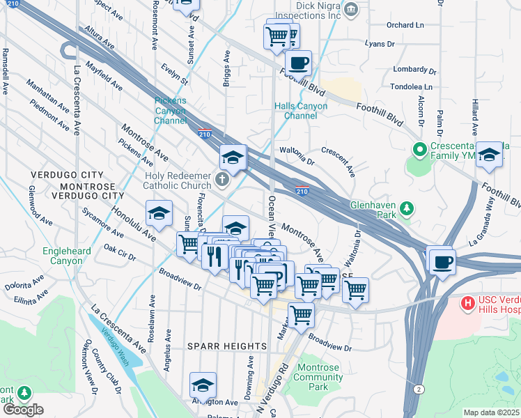 map of restaurants, bars, coffee shops, grocery stores, and more near 4127 Ocean View Boulevard in La Crescenta-Montrose