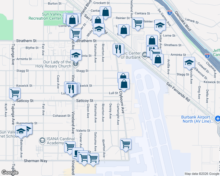 map of restaurants, bars, coffee shops, grocery stores, and more near 10739 Keswick Street in Los Angeles