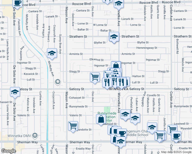 map of restaurants, bars, coffee shops, grocery stores, and more near 20254 Stagg Street in Los Angeles