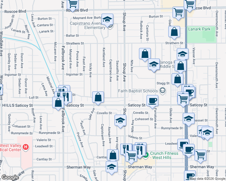 map of restaurants, bars, coffee shops, grocery stores, and more near 7711 Capistrano Avenue in Los Angeles