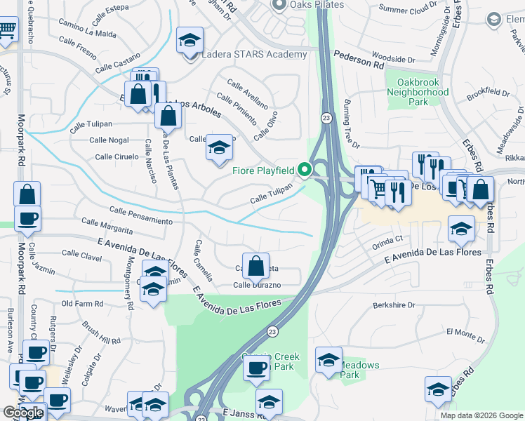 map of restaurants, bars, coffee shops, grocery stores, and more near 1404 Calle Tulipan in Thousand Oaks