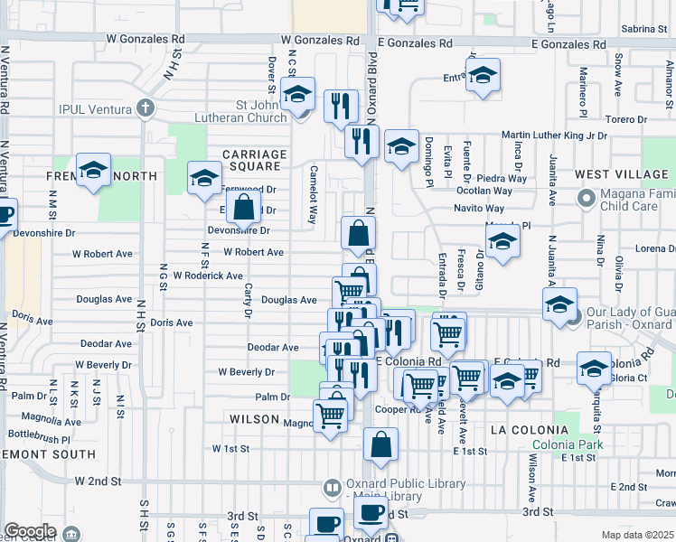 map of restaurants, bars, coffee shops, grocery stores, and more near 815 North Oxnard Boulevard in Oxnard