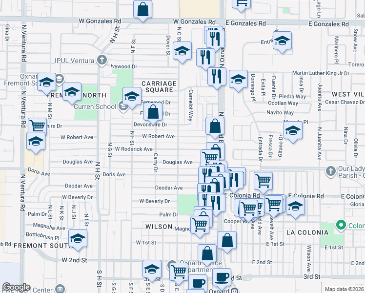 map of restaurants, bars, coffee shops, grocery stores, and more near 404 West Robert Avenue in Oxnard