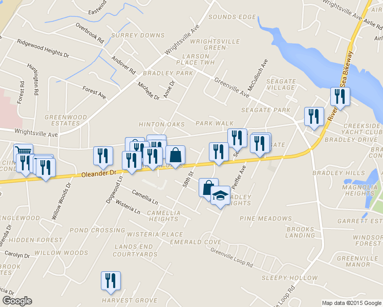 map of restaurants, bars, coffee shops, grocery stores, and more near 5700 Marguerite Drive in Wilmington