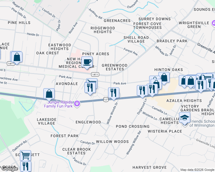 map of restaurants, bars, coffee shops, grocery stores, and more near 5414-5416 Park Avenue in Wilmington