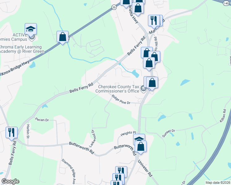 map of restaurants, bars, coffee shops, grocery stores, and more near 366 Ridge Pine Drive in Canton
