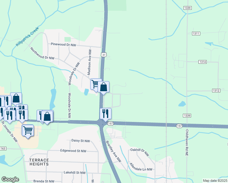 map of restaurants, bars, coffee shops, grocery stores, and more near 1517 Grape Street Northwest in Cullman