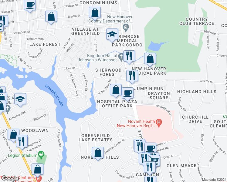 map of restaurants, bars, coffee shops, grocery stores, and more near 1616 Little John Circle in Wilmington