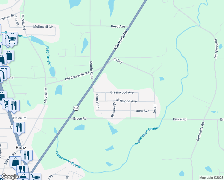 map of restaurants, bars, coffee shops, grocery stores, and more near 288 Greenwood Ave in Boaz