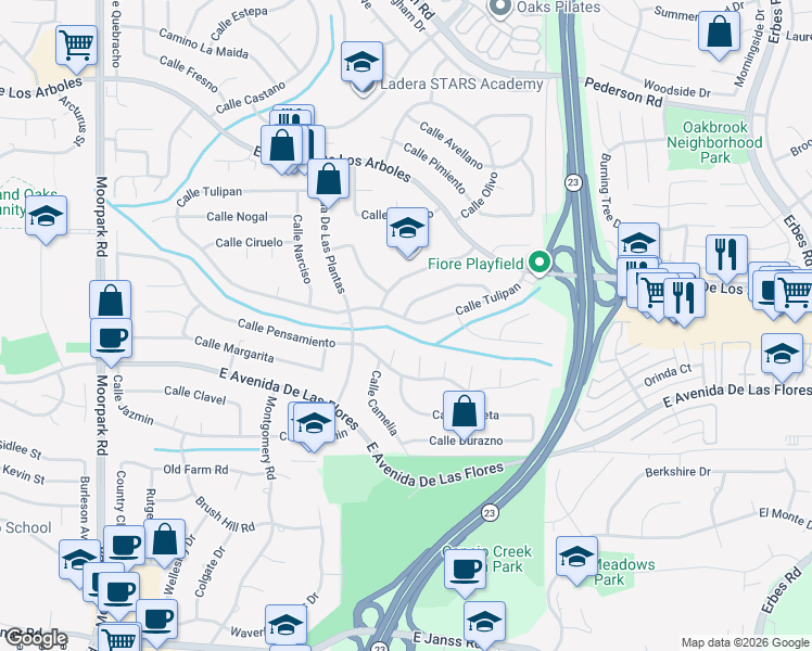 map of restaurants, bars, coffee shops, grocery stores, and more near 1316 Calle Tulipan in Thousand Oaks