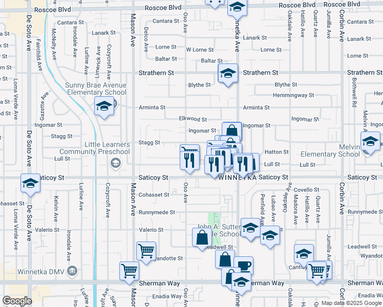 map of restaurants, bars, coffee shops, grocery stores, and more near 20253 Keswick Street in Los Angeles