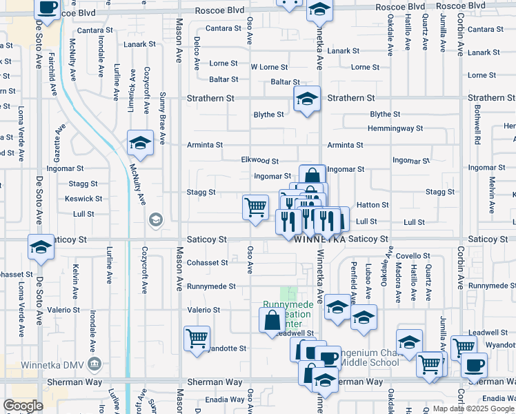 map of restaurants, bars, coffee shops, grocery stores, and more near 20253 Keswick Street in Los Angeles