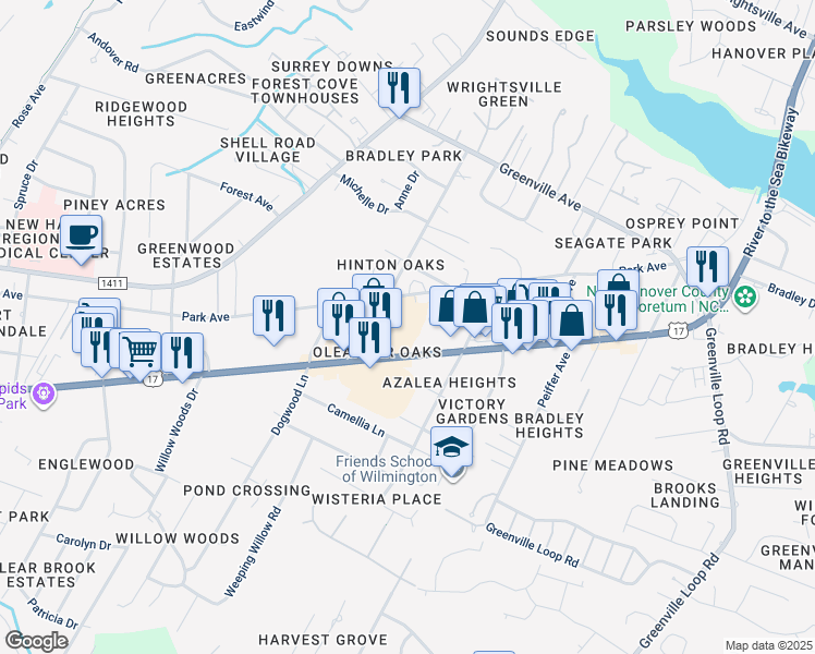 map of restaurants, bars, coffee shops, grocery stores, and more near 5725 Oleander Drive in Wilmington