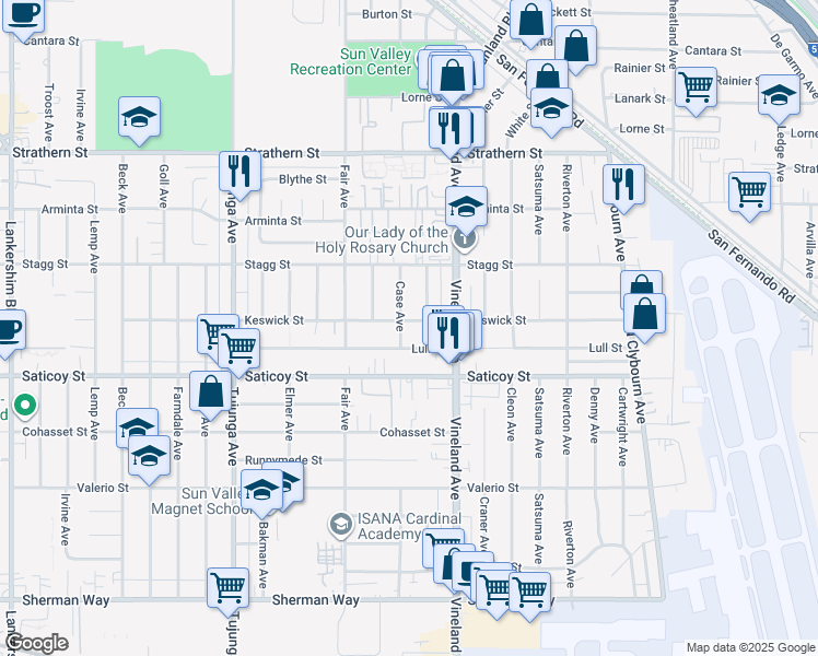 map of restaurants, bars, coffee shops, grocery stores, and more near 11050 Keswick Street in Los Angeles