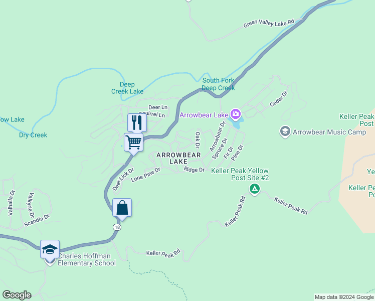 map of restaurants, bars, coffee shops, grocery stores, and more near Blue Bird Lane in Running Springs